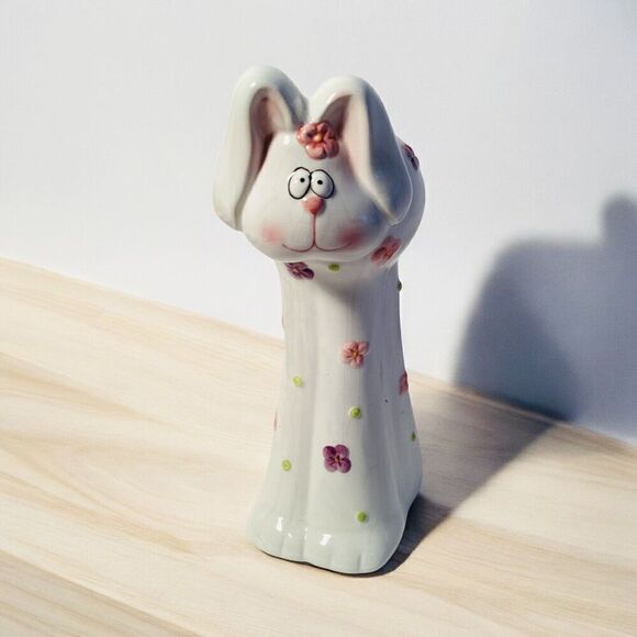 Ceramic Bunny Rabbit Coin Piggy Bank White And Pink 8" Tall - Picture 1 of 4